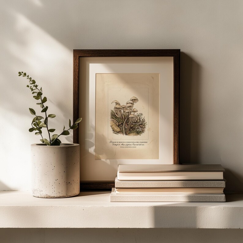 Nostalgic mushroom wall art for dining room — antique-style design blending muted colors and natural motifs for inviting charm.