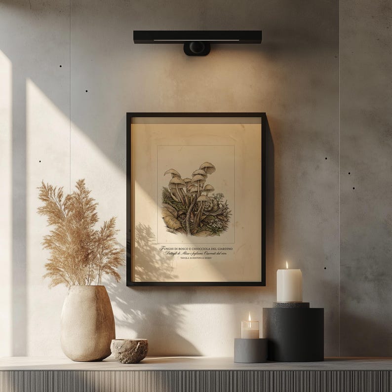 Vintage botanical mushroom digital download for sunroom — eye-catching print featuring earthy wash and delicate ink linework.