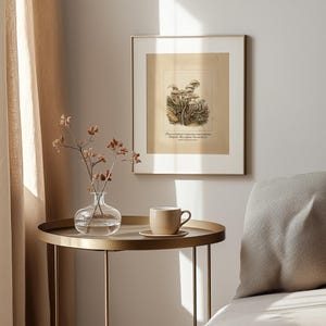 Rustic mushroom poster for hallway — vintage botanical look with intricate details and warm, earthy hues on aged paper.