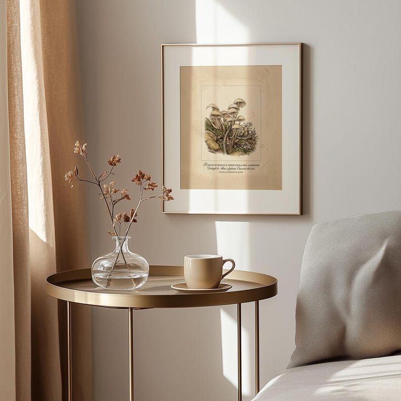 Rustic mushroom poster for hallway — vintage botanical look with intricate details and warm, earthy hues on aged paper.