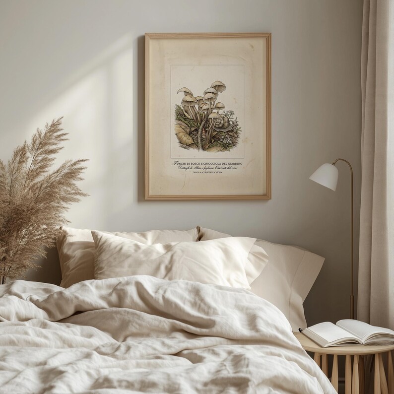 Botanical mushroom wall art for home office — charming antique style with fine ink linework and earthy tones.