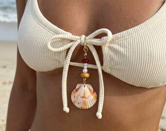 Gold Seashell & Pearl Bikini Charm, Beachy Swimsuit Accessory, Beach Bag Charm