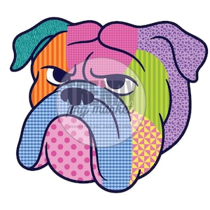 May include: A colorful graphic of a bulldog's face. The design features a patchwork of patterns and colors, including orange stripes, pink polka dots, and green vertical lines. The dog's face has a grumpy expression.