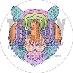 May include: A colorful tiger head design with a variety of patterns and colors, including pink, orange, green, purple, and blue. The design is on a white circular background. The text "DESIGN SELL FINE PRINT" is visible.