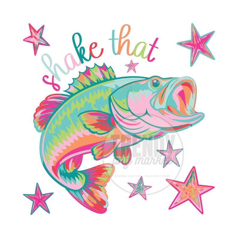 Pu&ograve; includere: Illustrazione colorata di un pesce con la bocca aperta, circondato da stelle rosa. Il pesce &egrave; un mix di rosa, arancione, verde e blu. Il testo "shake that" &egrave; sopra il pesce.