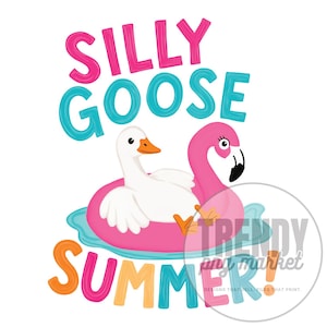 Può includere: Un'illustrazione colorata con un'oca bianca e un fenicottero rosa su un anello gonfiabile rosa nell'acqua. Le parole "SILLY GOOSE SUMMER!" sono scritte in lettere a bolle colorate.