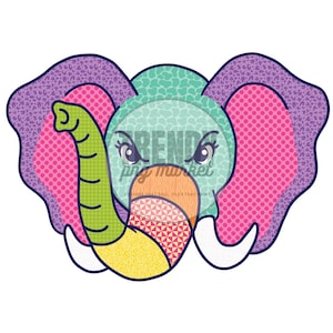 May include: A colorful cartoon elephant head with a teal face, pink ears with a dotted pattern, and a purple leopard print border. The trunk is green and yellow, and the tusks are white. The image includes the text "TRENDY png market".