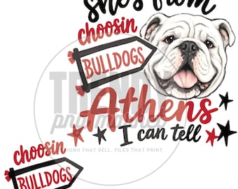 MASCOTTE PERSONALIZZATE DI CITTÀ disponibili! She’s From Athens I Can Tell png / Design per maglietta fronte e retro ispirato ai Bulldogs / Giorno della partita png / Scuola