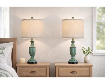 Set 2 Farmhouse Table Lamps, Green Rustic Bedside Lighting, Vintage Resin Base Linen Shade