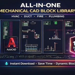 May include: An advertisement for a mechanical CAD block library. The image features the text "ALL-IN-ONE MECHANICAL CAD BLOCK LIBRARY" and showcases HVAC, duct, fire, and plumbing diagrams. It also highlights "AutoCAD" and "100+ Dynamic Blocks."
