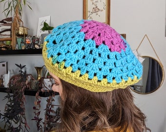 Crochet Beret - Blue Pink and Yellow - Crochet hat for women - Slouchy beanie hat
