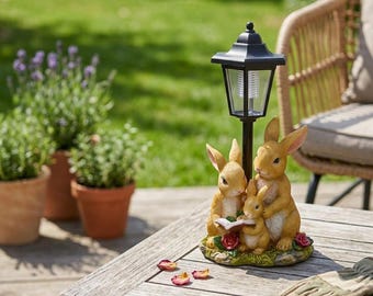 Rabbit Family Garden Statue with Solar Lantern – Outdoor Bunny Figurine, Yard Art Decor, Patio & Lawn Ornament Gift