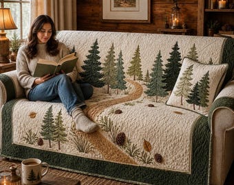 Quilted Sofa Cover, Rustic Woodland Pine Tree Blanket, Cabin Decor Throw