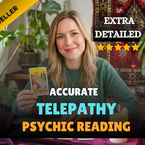 May include: A woman holding a tarot card with the text "ACCURATE TELEPATHY PSYCHIC READING". The image has a "BEST SELLER" banner and "EXTRA DETAILED" text with five gold stars. The woman is wearing a green sweater.