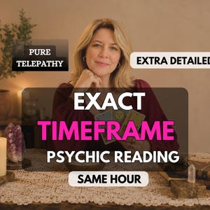 May include: A person in a maroon top holding tarot cards behind a table with candles, a crystal, and text overlays reading PURE TELEPATHY, EXTRA DETAILED, EXACT TIMEFRAME PSYCHIC READING, and SAME HOUR. The scene includes a lace tablecloth.