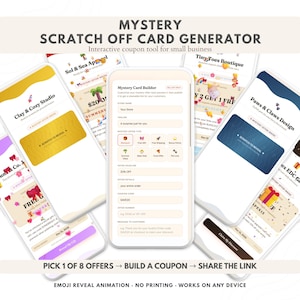 May include: A digital mystery scratch off card generator tool for small businesses displayed on multiple smartphone screens. The interface features a mystery card builder with fields for store name, tagline, offer type, headline, details, and coupon code.