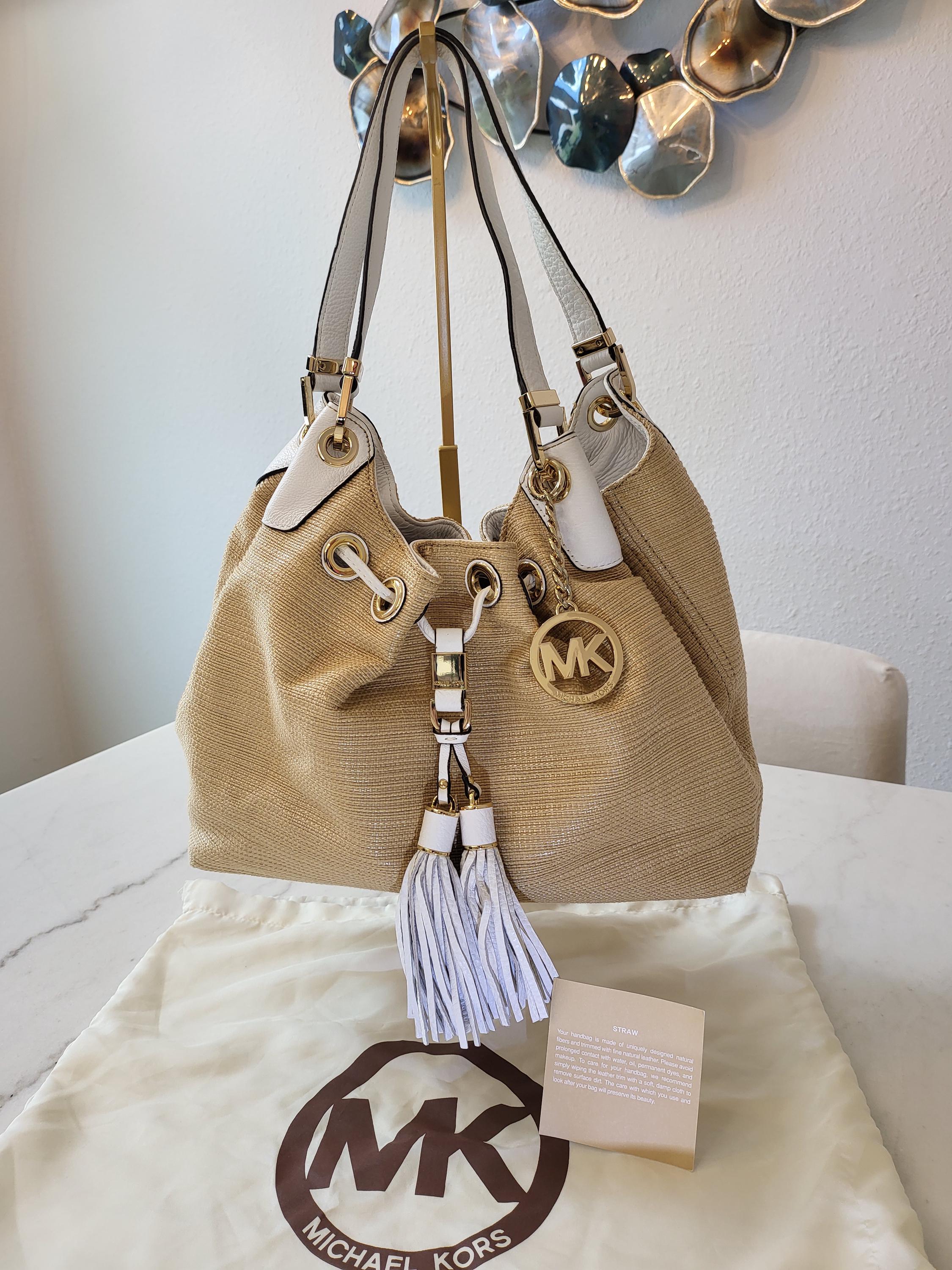 Michael Kors Camden Straw Tote Bag – White Leather Trim, Tassel 