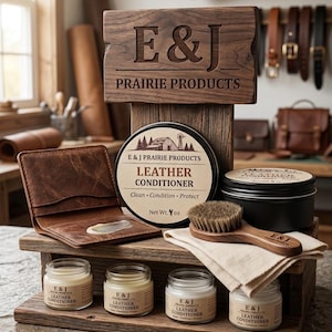 May include: A wooden display featuring leather care products. The display includes a sign with "E & J Prairie Products", leather conditioner in jars and tins, a brush, and a leather wallet. The products are arranged on a rustic wooden shelf.