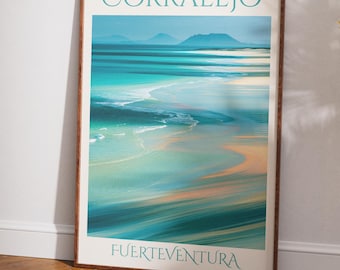 Fuerteventura Corralejo Print, Canary Islands Coastal Art poster, Soft Waves, Sunlit Shoreline