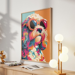 Cavapoo Pop Art Poster – Colourful Sunglasses Dog Illustration in Modern Abstract Style