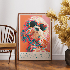 Cavapoo Pop Art Poster – Colourful Sunglasses Dog Illustration in Modern Decorative Style