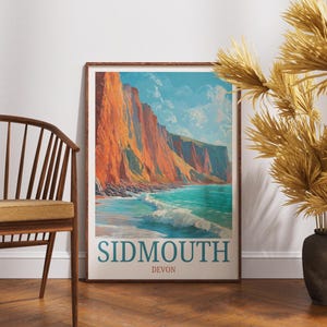 Sidmouth Devon Print, Red Cliffs Coastal Seascape Art Poster