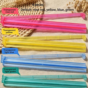 May include: A set of four long, transparent plastic bag sealing clips in rose red, yellow, light blue, and light green. The text on the image reads 4 pieces and Default: rose red, yellow, blue, green, indicating the color variety of the clips.