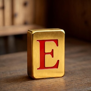 Könnte beinhalten: Ein rechteckiger Block aus goldfarbenem Metall mit einem vertieften, kräftig roten Buchstaben E in der Mitte der Vorderseite. Die Oberfläche des Goldmetalls hat eine gebürstete Textur, während der rote Buchstabe E glatt und glänzend ist.