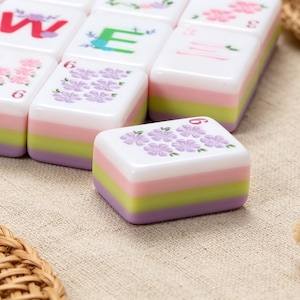 May include: A set of rectangular mahjong tiles featuring a layered design with white, pink, light green, and lavender stripes. The top surfaces display various floral patterns, the letter W, the letter E, and the number 6 in different colors.