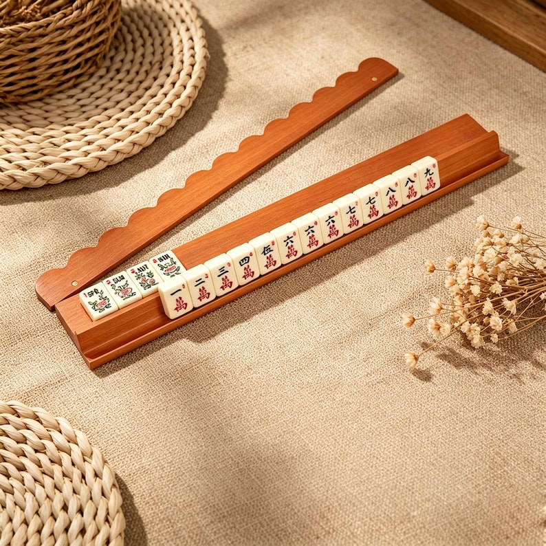 Pu&ograve; includere: Due lunghi supporti in legno per tessere del mahjong con bordo superiore smerlato. Un supporto contiene una fila di tredici tessere color bianco sporco con caratteri cinesi rossi e verdi e motivi floreali, disposte in ordine numerico da uno a nove.