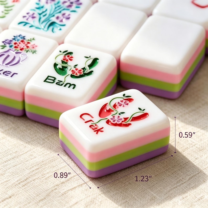 Pode incluir: Um conjunto de pe&ccedil;as retangulares de Mahjong com uma camada superior branca apresentando gravuras florais e bot&acirc;nicas coloridas, incluindo o texto 'Bam' e 'Crak'. Cada pe&ccedil;a tem lados em camadas rosa, verde e roxo, medindo 3,12 cm por 2,26 cm por 1,50 cm.
