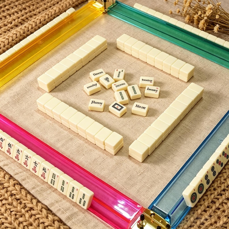 May include: A Mahjong game set featuring four translucent plastic racks in yellow, green, pink, and blue. The set includes numerous off-white tiles, some arranged in rows on the racks and others scattered in the center, displaying various characters and symbols.