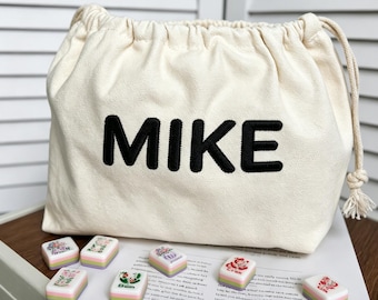 Gepersonaliseerde mahjongtas | Op maat geborduurd canvas zakje met trekkoord | Mahjong-liefhebbercadeau | Accessoires voor game-avond | Aangepaste naam: