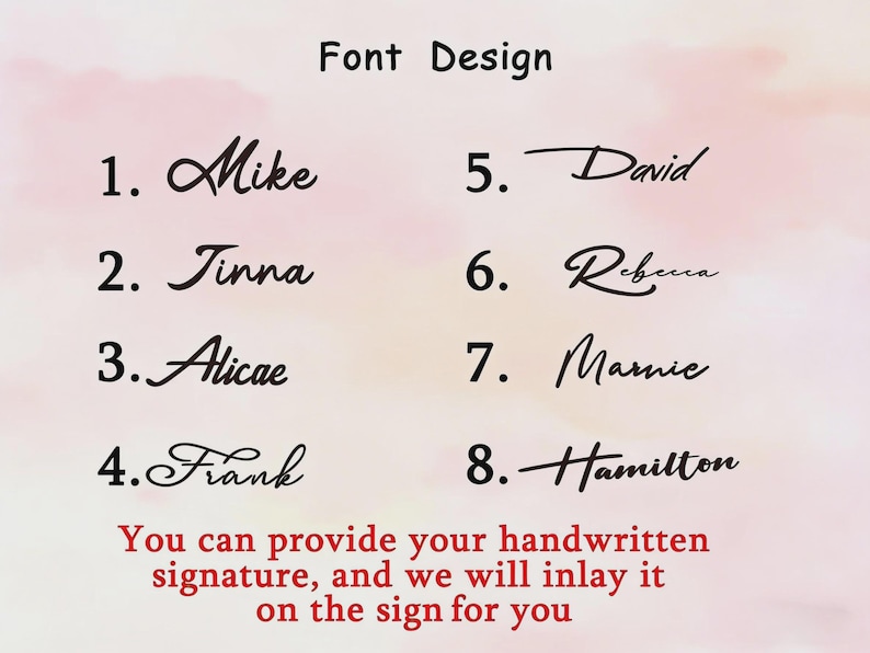 Pu&ograve; includere: Una tabella di caratteri con otto distinti stili tipografici neri numerati da uno a otto con i nomi Mike, Tinna, Alicae, Frank, David, Rebecca, Marnie e Hamilton. Il testo rosso in basso recita: You can provide your handwritten signature, and we will inlay it on the sign for you.