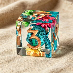May include: A clear resin cube containing embedded dried flowers in shades of pink, yellow, and green, along with a textured teal leaf. The cube features large, metallic copper-colored numbers on its exterior faces, including a prominent number 3.