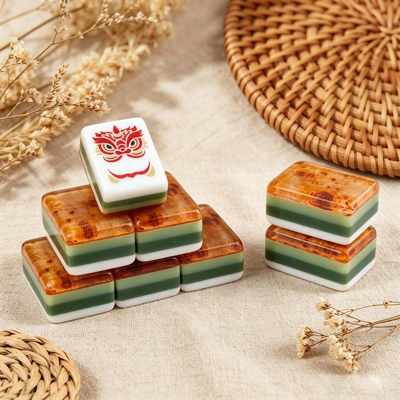 May include: A collection of rectangular mahjong tiles featuring a layered design with a white base, a green middle section, and a glossy amber-colored top. One tile is positioned upright, displaying a red and gold lion dance mask graphic.