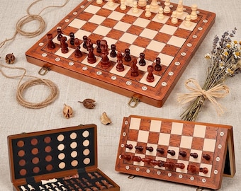 Premium houten schaak- en damset | Opvouwbaar schaakbord met opbergruimte | Klassiek vintage bordspel | Cadeau voor hem | Game-avond voor het hele gezin
