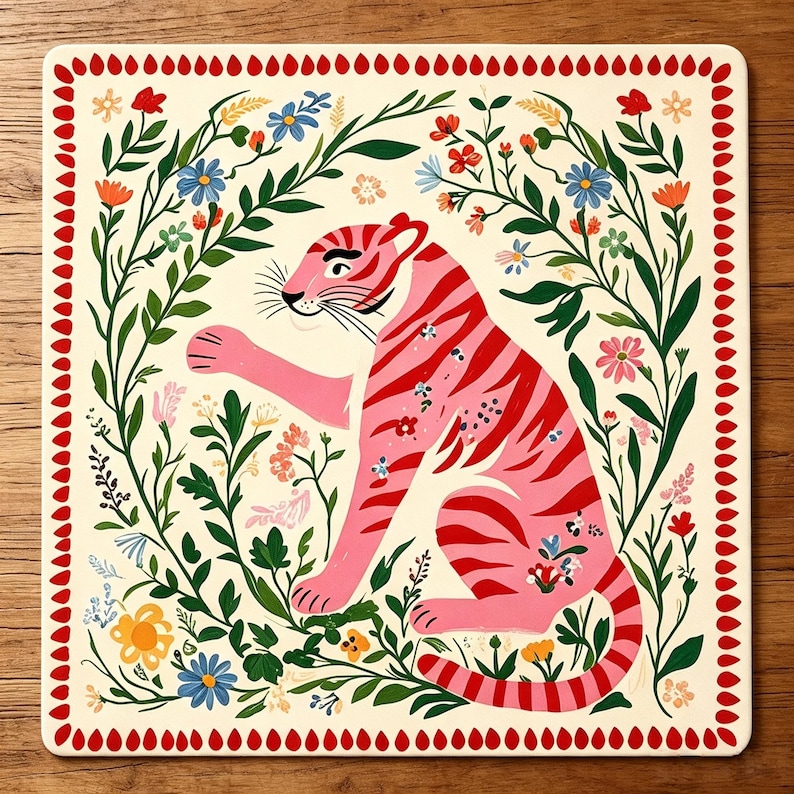 Peut inclure: Un carreau d&eacute;coratif carr&eacute; repr&eacute;sentant un tigre rose avec des rayures rouges entour&eacute; de feuillage vert et de fleurs color&eacute;es. La bordure se compose d'un motif r&eacute;p&eacute;titif de petites formes de gouttes rouges sur un fond cr&egrave;me.
