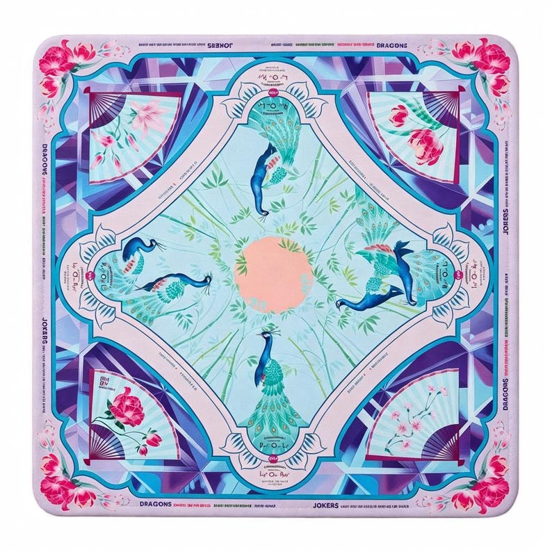 Peut inclure: Un foulard carr&eacute; avec un panneau central bleu clair orn&eacute; de quatre paons et d'un cercle p&ecirc;che. La bordure pr&eacute;sente des motifs g&eacute;om&eacute;triques violets, des fleurs roses et quatre &eacute;ventails. Le texte DRAGONS et JOKERS est inscrit sur les bords.