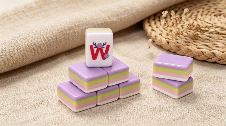 May include: A set of rectangular mahjong tiles featuring a layered color design of purple, light green, and white. One tile stands vertically on top of the others, displaying a red letter W decorated with small purple and blue floral accents.