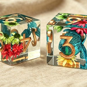 May include: Two clear resin cube dice featuring embedded colorful flowers and leaves in shades of red, green, and yellow. Each die has large, metallic gold-colored numbers embossed on the exterior faces, displaying digits like 3, 4, 5, 6, and 9.