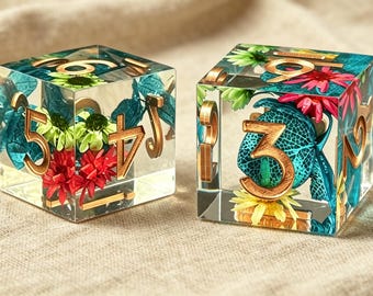 Aesthetic Floral Mahjong Tiles, Pastel 4-Layer Game Set | Botanical D6 Resin Dice with Dried Flowers | 1.2-centimeter cube dice.