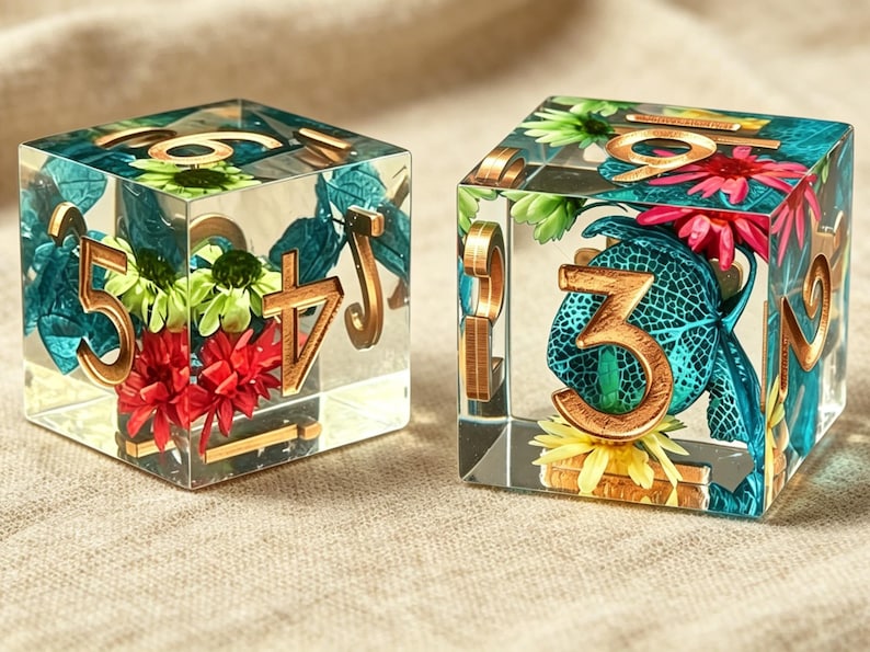 May include: Two clear resin cube dice featuring embedded colorful flowers and leaves in shades of red, green, and yellow. Each die has large, metallic gold-colored numbers embossed on the exterior faces, displaying digits like 3, 4, 5, 6, and 9.