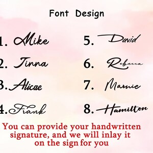 May include: A font design chart featuring eight distinct black script-style name examples numbered one through eight, including Mike, Tinna, Alicae, Frank, David, Rebecca, Marnie, and Hamilton, with text stating you can provide your handwritten signature.