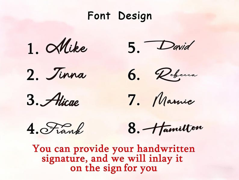 May include: A font design chart featuring eight distinct black script-style name examples numbered one through eight, including Mike, Tinna, Alicae, Frank, David, Rebecca, Marnie, and Hamilton, with text stating you can provide your handwritten signature.