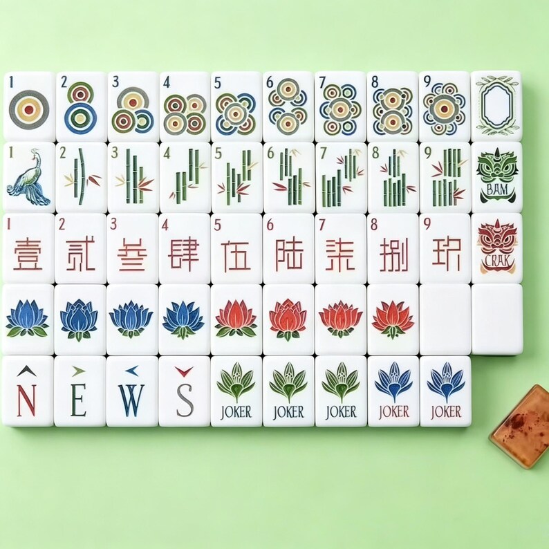 May include: A set of white rectangular mahjong tiles arranged in a grid, featuring colorful illustrations of circles, bamboo, Chinese characters, lotus flowers, compass directions, and joker tiles, with one loose tile placed to the bottom right.