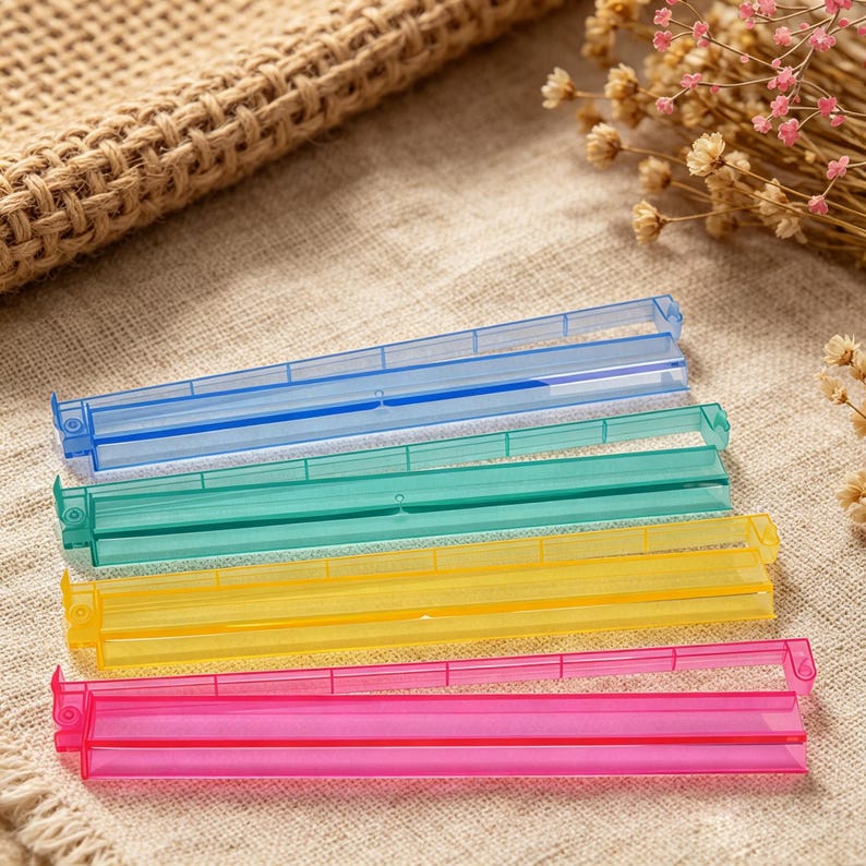 May include: A set of four plastic bag sealing clips in translucent blue, green, yellow, and pink. Each clip features a long, rectangular design with a hinged mechanism and a locking bar, intended for securing the openings of various storage bags.