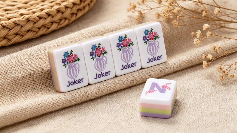 May include: Four rectangular white mahjong tiles featuring a graphic of a purple vase filled with colorful flowers and the word Joker printed in purple. A single white mahjong tile with a large purple letter N decorated with small pink flowers.