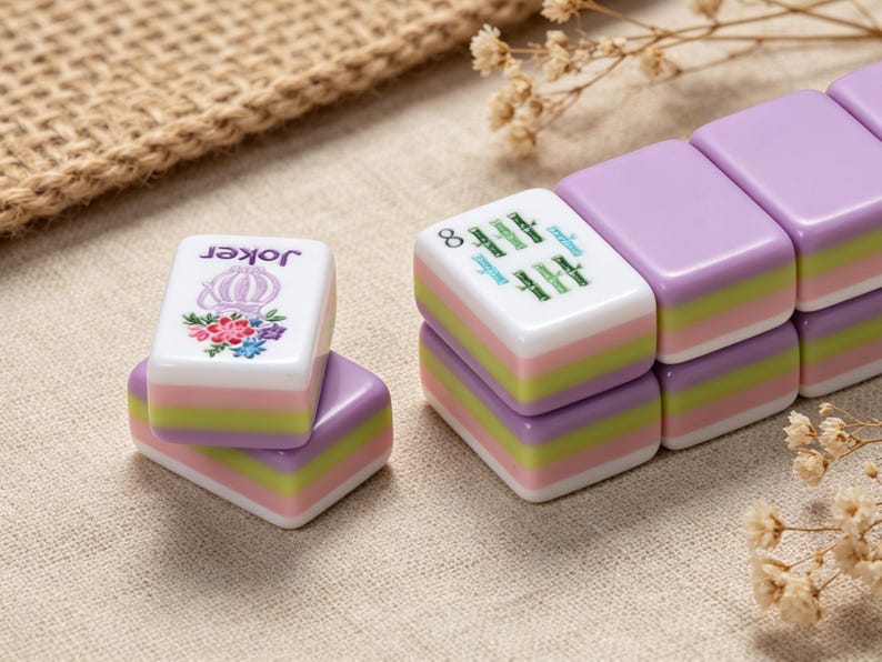 May include: Rectangular mahjong tiles featuring a layered design with purple, green, and pink stripes. One tile displays a purple floral graphic with the text Joker, while another shows a green graphic with the infinity symbol and text.