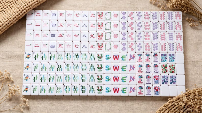 May include: A set of white rectangular mahjong tiles arranged in a grid. The tiles feature various colorful illustrations including Chinese numerals, bamboo stalks, birds, flowers, and the letters S, W, E, N, along with the text Crab, Joker, and D&acirc;m.